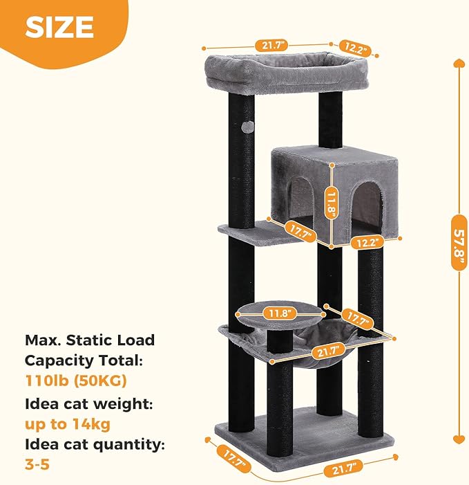 Large Cat Tree with Reinforced Scratching Posts (φ3.7in) for Big Adult Cats 30 lbs, 57.8" Heavy Duty Cat Tower with Larger Hammock and Condo, Cat Furniture for Maine Coon, Plush,Black