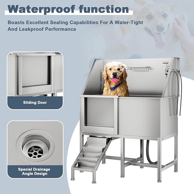 50" Pet Dog Bathing Station, Stainless Steel Dog Bathtub W/Ramp, Floor Grate, Dog Bath Brush, Washing Gloves for Home, Professional Dog Washing Station for Pets (50 Inch Left Door)