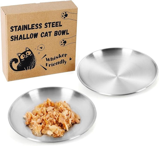 2-Pack Stainless Steel Cat Food Bowls – Shallow Whisker-Friendly Non-Slip Silicone Base,Easy to Clean Indoor Feeding Dishes(6.7")