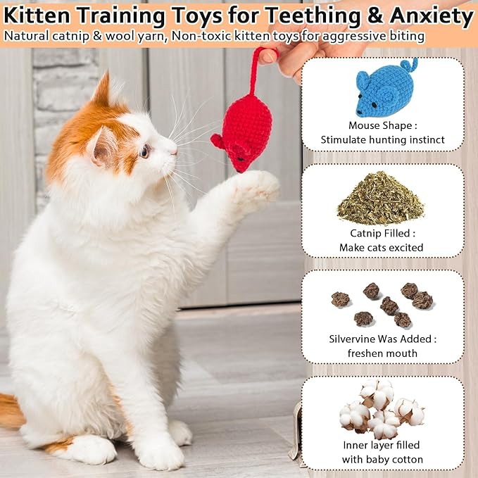 Retro Shaw Catnip Toys Crochet Mice Cat Toys,3 Pcs Yarn Cat Nip Mouse Animals Toy,Safe Teeth Cleaning Toy for Indoor Kittens