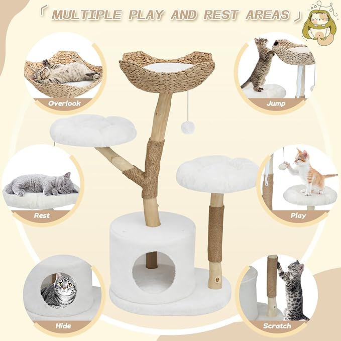 MOLACHI Modern Cat Tree Tower, 41in Tall Real Solid Wood Cat Tree for Indoor Big Cats, Plush Multi-Level Cat Condo with Sisal-Covered Scratching Posts, Dangling Ballor Fun Play, Ideal Pet Gift