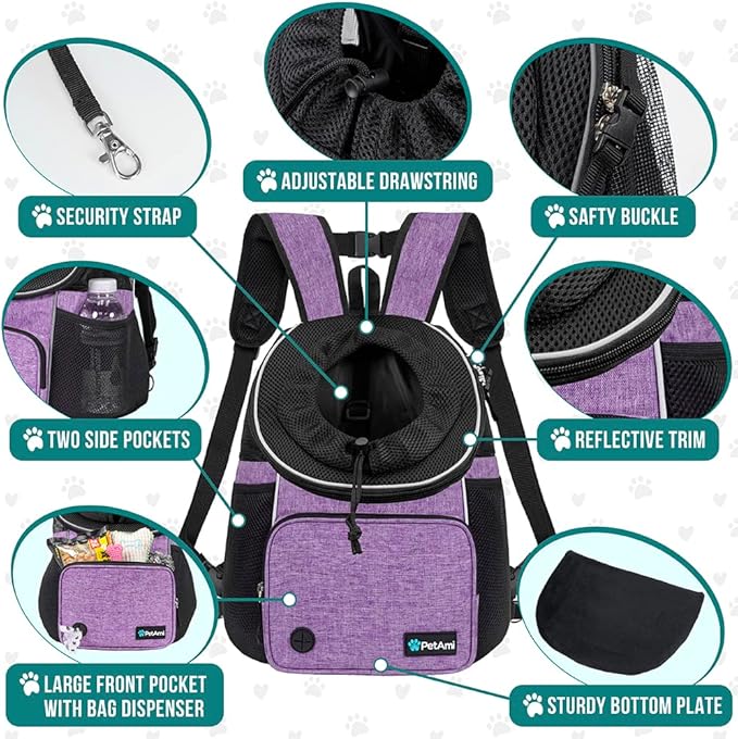 PetAmi Adjustable Cat & Dog Chest Carrier Backpack, Ventilated for Hiking & Camping, Max 10 lbs, Purple