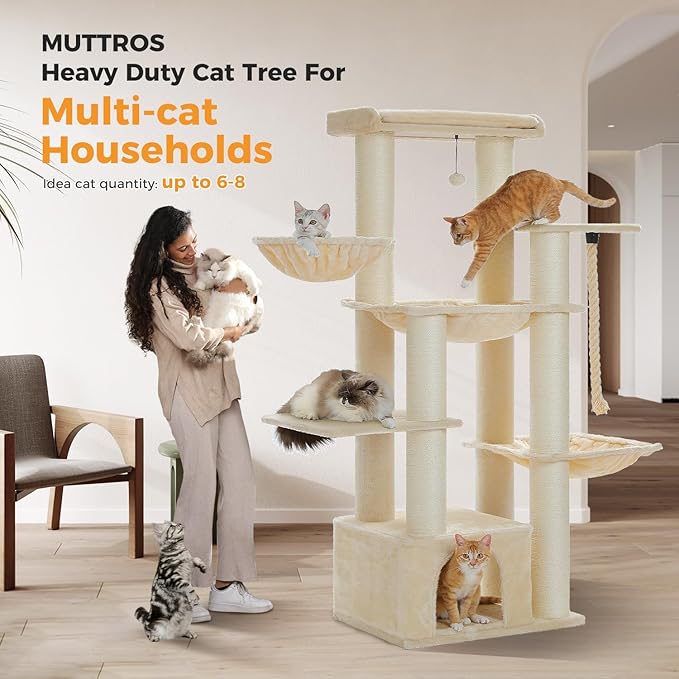 Large Cat Tree-67 Tall Cat Tower for Indoor Cats Large Adult with 7 Thick Sisal Scratching Posts (φ4.3), Multi-Level Condo, Big Perch & Hammocks for Maine Coon 20 lbs -Beige