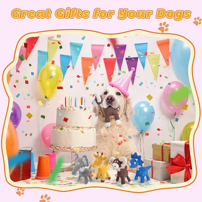 4-Pack Squeaky Dog Toys Set Plush Dog Toy with Rope for Small Medium Dogs Bundle Dog Chew Toys; Giraffe, Elephant, Cow and Dinosaur Interactive Dog Toy Stuffed Animals Toys to Keep Them Busy