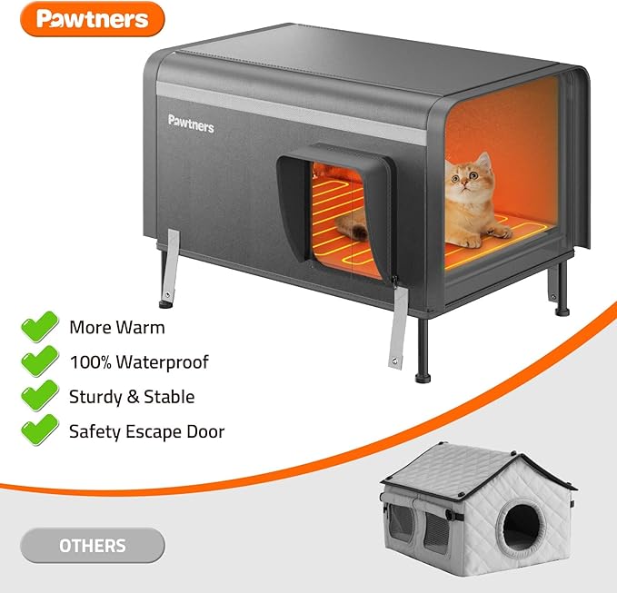 Pawtners Heated Outdoor Cat House for Outside Cats, 26'' XL Insulated Weatherproof Cat Shelter with Heated Pad, Elevated Feet & Escape Door, Warm Kitty House for Feral or Stray Cats in Winter