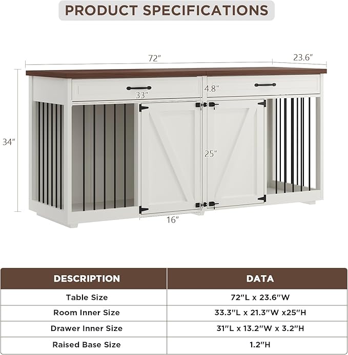 Dog Crate Furniture - Indoor Wooden Dog Kennel Furniture with 2 Drawers & Room Divider - 72" L x 23.6" W x 34" H - White