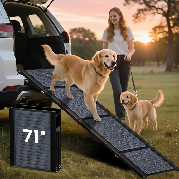 HBTower 71" Long & 17.3" Wide Folding Dog Ramp for Car, SUV & Truck – Portable Pet Ramp with Non-Slip Surface, Extra Wide Steps for Large Dogs Up to 250LBS