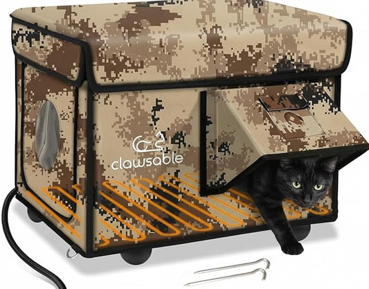 Indestructible Heated Cat House for Outside Cats Winter, 100% Weatherproof, Safe Escape Door, Insulated Outdoor Cat Shelter with Heater for Feral Barn Cat Kitty (Desert Camouflage, 13"x17"x12.6")