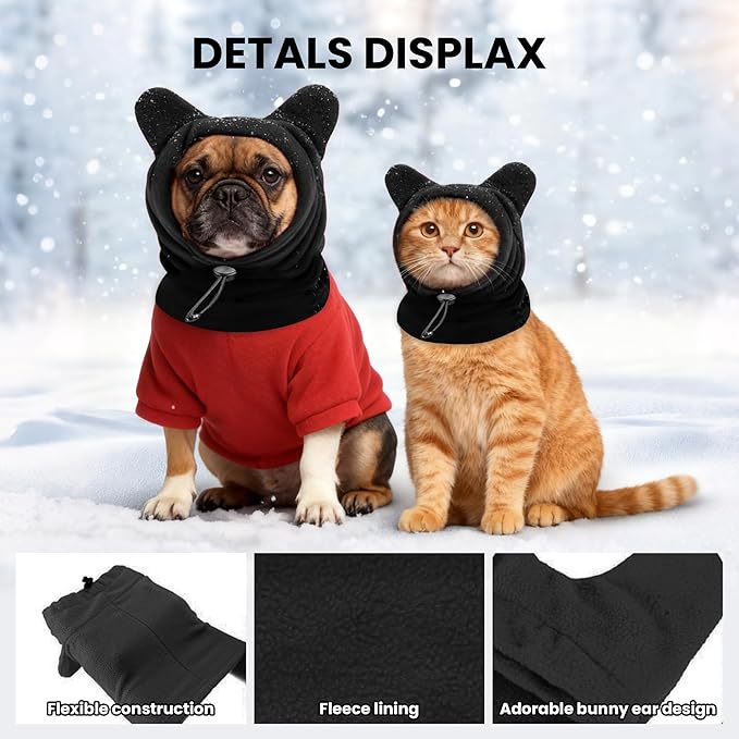 Warm Hooded Hat for Dogs & Cats, Autumn/Winter Wool Pet Headwear with Cute Ears, Adjustable Pet Scarf for Cold Days, Soft Neck Warmer for Small/Medium/Large Pets (Black, Medium)