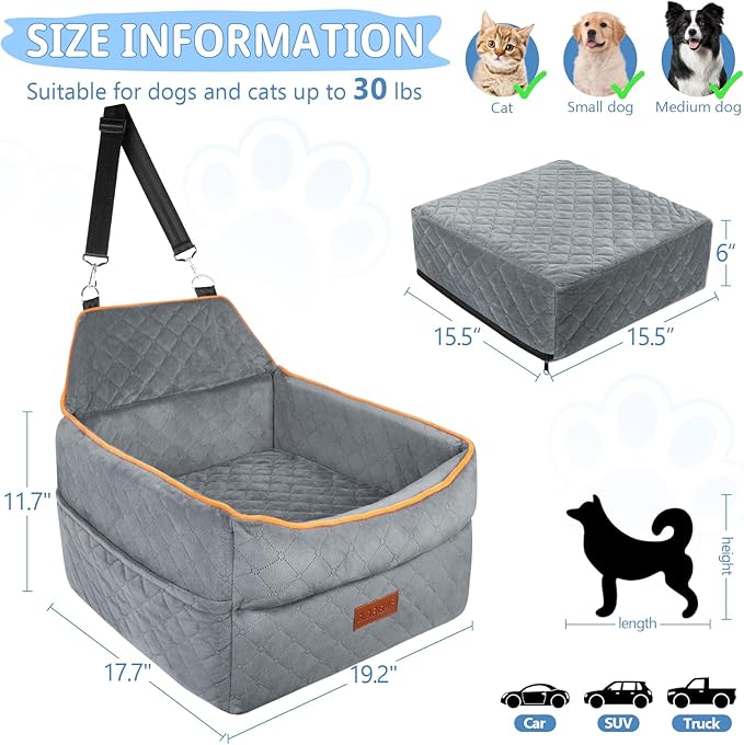 Dog Seat for Small Medium Dogs - 0-35 lbs, Memory Foam Booster Seat with Adjustable Leashes, Elevated Dog Car Travel Bed with Storage Pockets