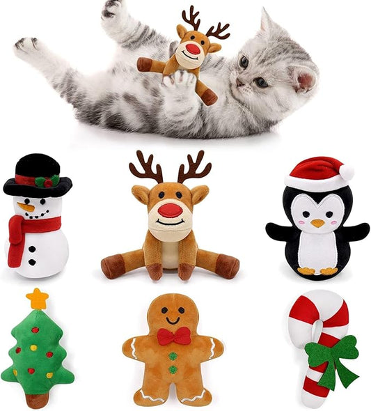 Vansolinne Christmas Catnip Toys, 6Pcs Interactive Cat Chew Toys for Indoor Cats, Bite Resistant Catnip Filled Teething Toy Set, Christmas Cats & Cat Lover Gift