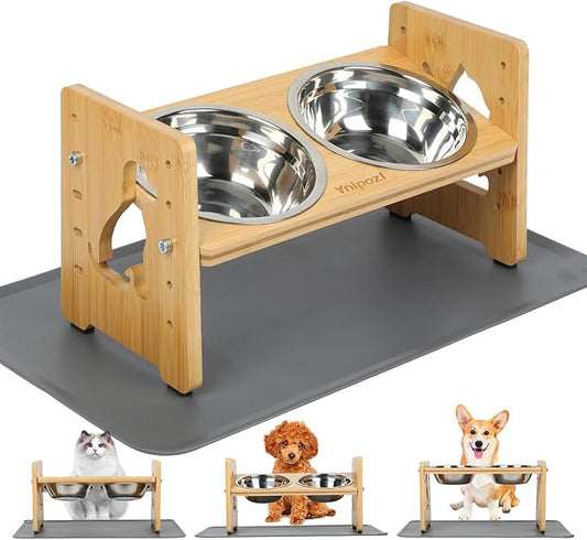 Elevated Small Dog and Cats Bowls, Adjustable Raised Dog Bowl Stand for Small Breeds and Cats,Stand with 2 Stainless Steel Bowls, Anti-Slip Silicone Pad. ﻿