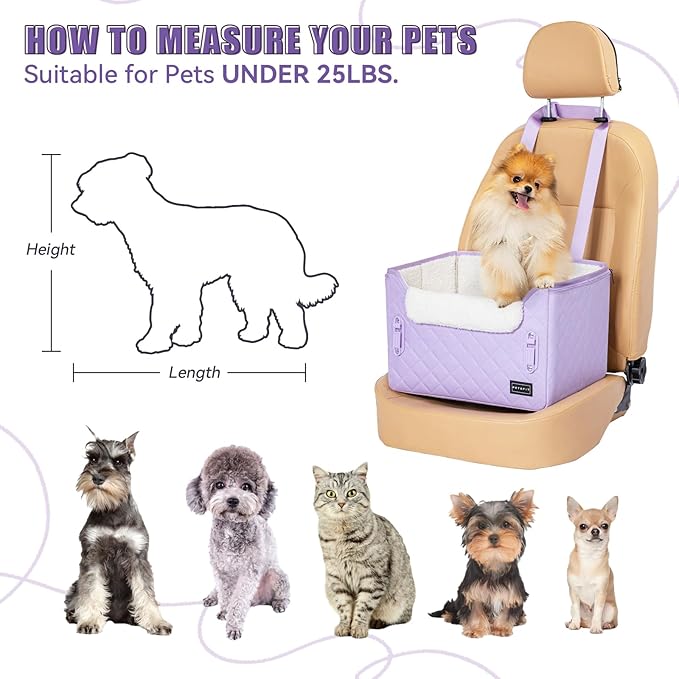 PETSFIT Dog Car Seats for Small Dogs – Patented Safety Buckles – Safety Tether – Foldable Travel Cat Car Seat Reduces Anxiety & Road Trips – Stable Frame, Fits Front/Back Seat (Lavender Purple)