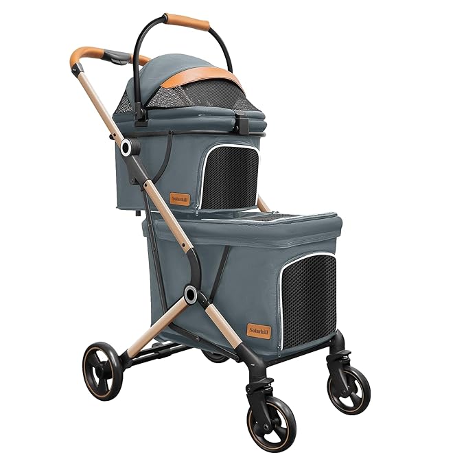 Double Dog Stroller for Small & Medium Pets - 4 Wheel Jogger with Detachable Cat Carriage, Dog Strollers Spacious Storage Basket and One-Button Foldable Design