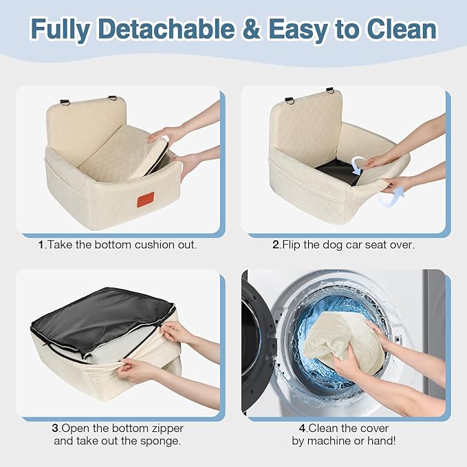 Dog Car Seat for Under 30lbs Dogs,Comfy Febric Fill in Memory Foam,Washable and Detachable Pet Travel Car Bed,Anti-Slip Bottom,2 Safety Leashes & Storage Pockets(Beige)