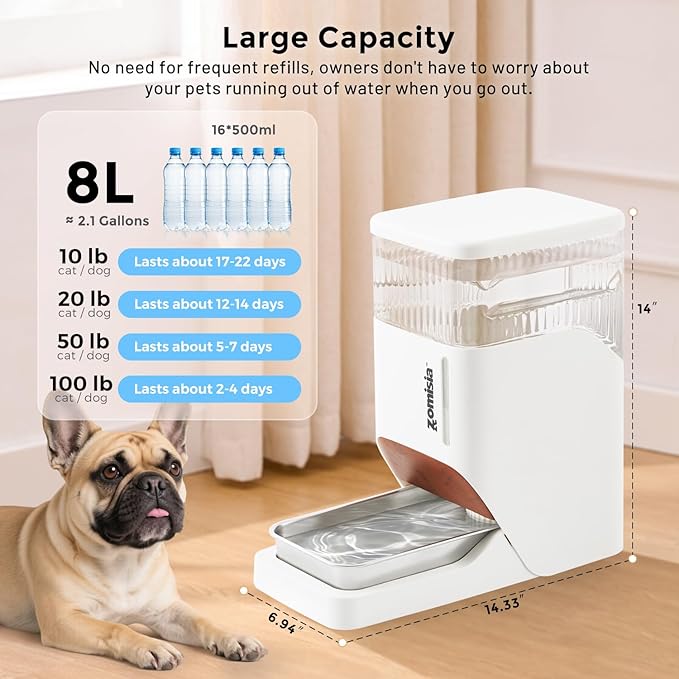 Automatic Dog Water Dispenser 8L with Stainless Steel Bowl, Gravity Large Capacity Water Bowl for Dogs, 2 Gallon Pet Waterer 100% BPA Free, White