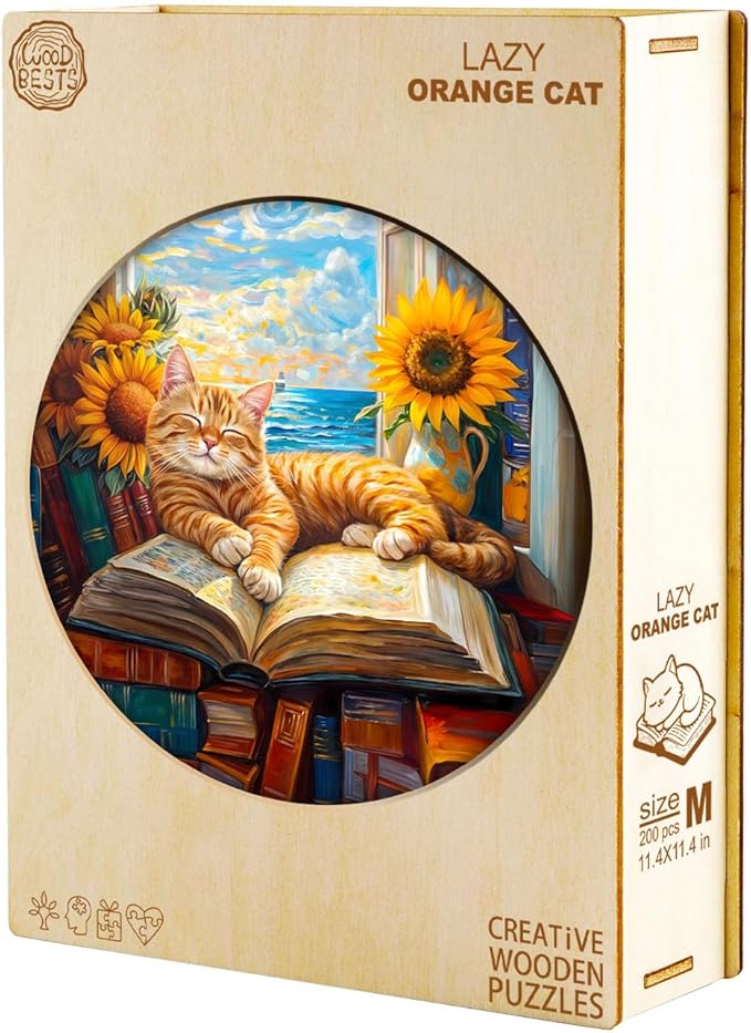 KAAYEE Wooden Puzzles for Adults, Lazy Orange Cat 100 Piece Unique Animal Shape Puzzle, Cat Wood Puzzle for Adults, Creative Gifts for Friends/Family, Home Decor(8.5 * 8.5in)