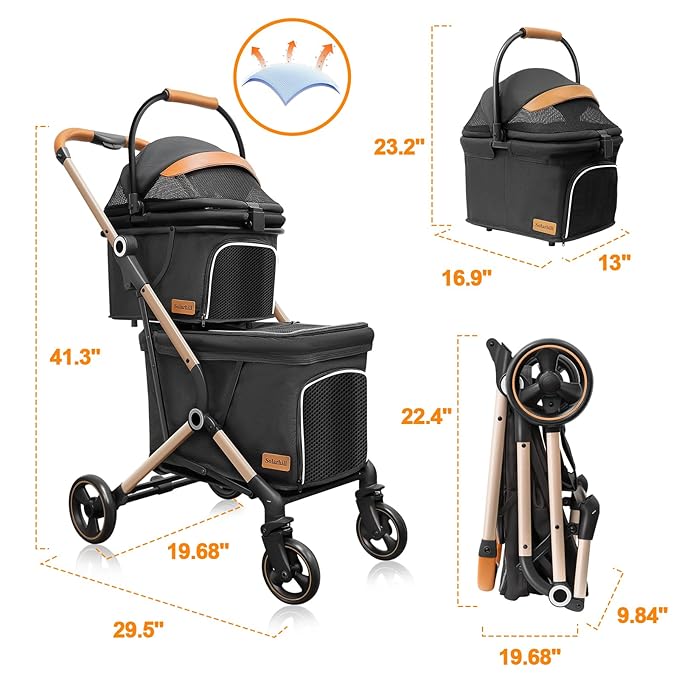 Double Dog Stroller for Small Dogs - 4 Wheels Medium Dog Jogger Stroller Detachable Cat Carriage, Storage Basket and One-Button Folding Frame for Pets Walk