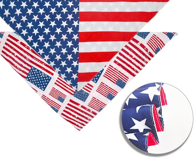 2PCS Dual-Layer Design Patriotic Dog Bandanas Outfit,Large Summer Triangle Reversible Memorial Day Independence Day American Flag 4th of July Scarf for Big Boy and Girl Dogs Red White Blue
