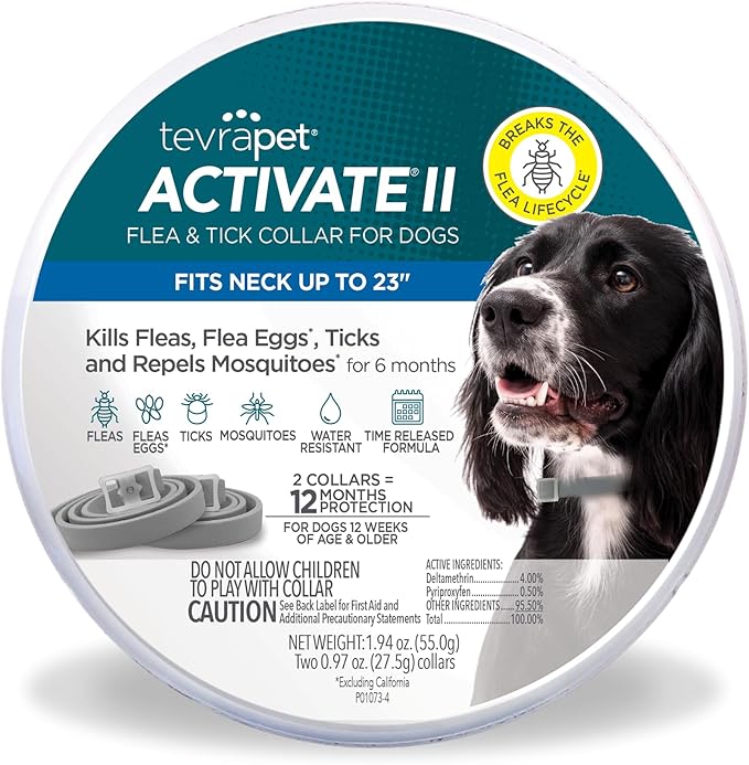 TevraPet Activate II Flea and Tick Collar for Dogs, 12 Months Prevention, 2 Count, for Medium and Large Dogs