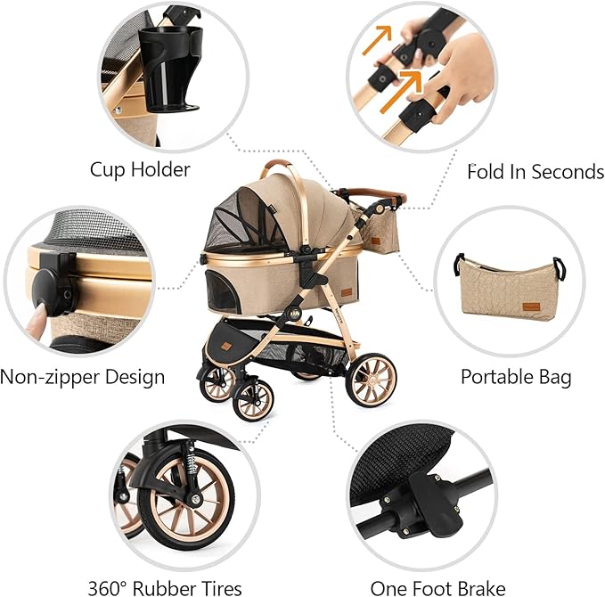 Kenyone Pet Stroller 3 in 1 for Medium Small Size Dogs Luxury Large Cat Stroller Detachable Carrier for Puppy, Kitty, Doggie (C510L Khaki)