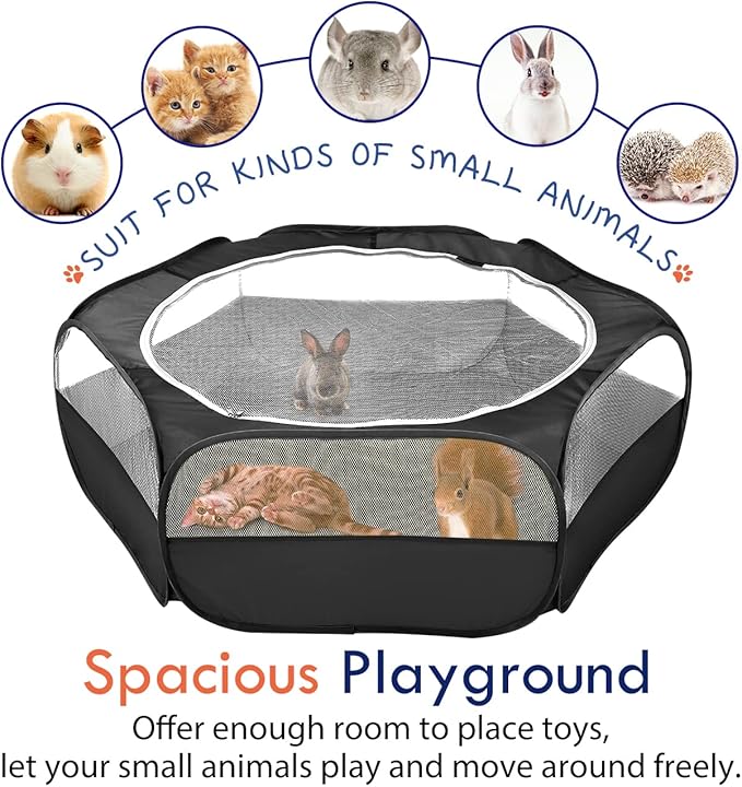 Pawaboo Small Animals Playpen, Waterproof Small Pet Cage Tent with Zippered Cover, Portable Outdoor Yard Fence with 3 Metal Rod for Kitten/Puppy/Guinea Pig/Rabbits/Hamster/Chinchillas, Black