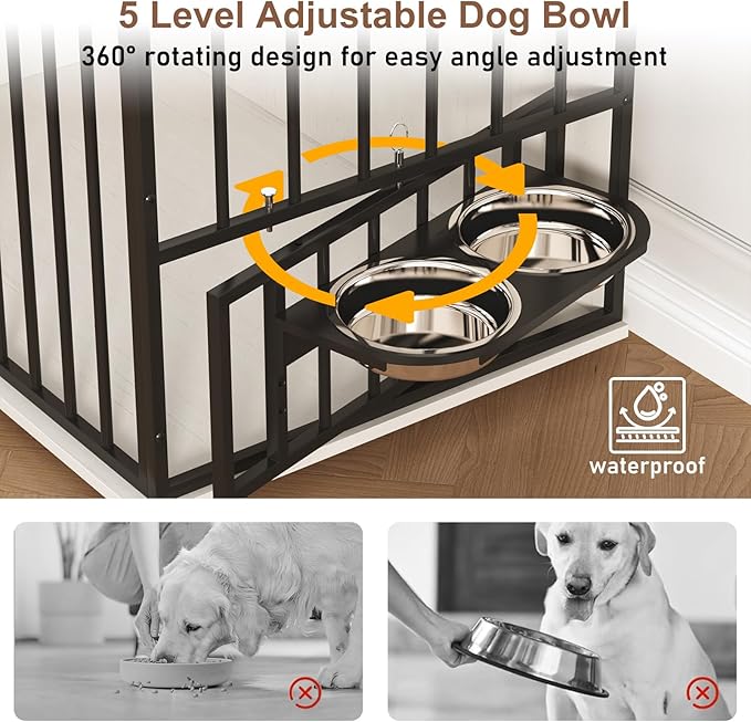 86.6" Dog Crate Furniture Large Breed TV Stand with Double Rooms, Wooden Dog Kennel Furniture with Dog Bowl, 2 Drawers and Cabinet for Large Medium Dogs, Antique White