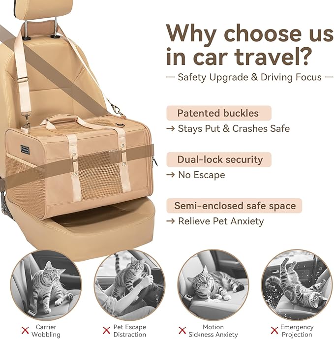 Petsfit 19x12x12 Pet Carrier for Large Cats (up to 20 lbs), Soft-Sided Small Dog Travel Carrier, Upgraded with Patented Buckle and Soft Padding, Ideal for Car Road Trips,Khaki