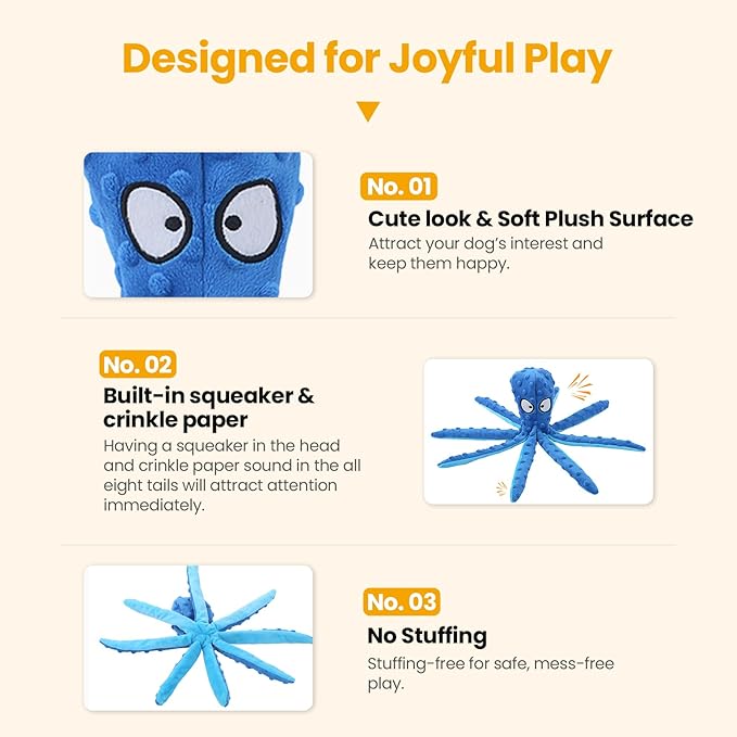 HGB Squeaky Dog Toys - Octopus No Stuffing Crinkle Plush Large Dog Toys to Keep Them Busy for Puppy Teething Chewing, Pet Supplies for Small, Medium, and Large Breeds, 2 Pack