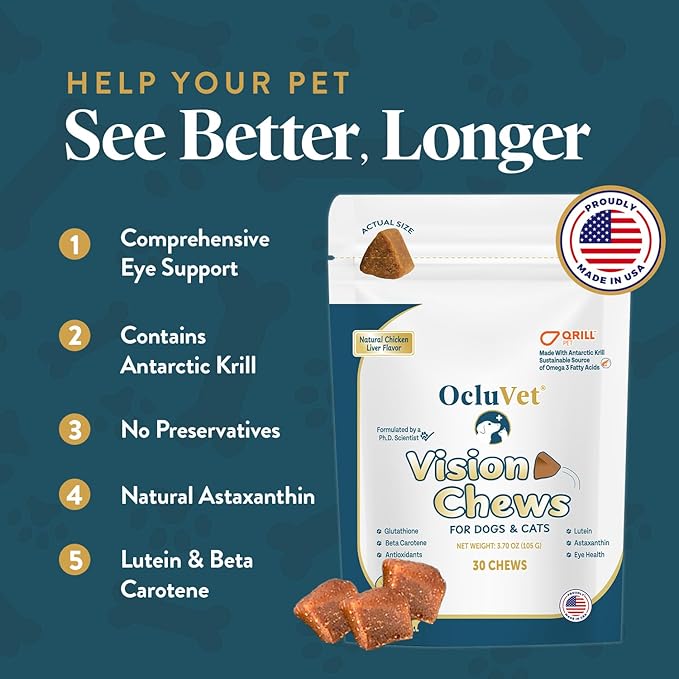 Vision Chews Eye Supplements for Dogs & Cats, Natural Chicken Flavor, Contains Omega 3, Lutein, Antioxidants, & More, Cat & Dog Eye Supplements, No Preservatives, Made in USA, 1 Bag, 30 Chews