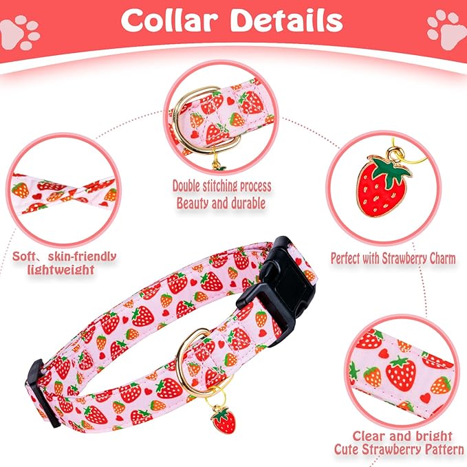 Cute Cotton Dog Collar - Special Design, Soft, Adjustable Strawberry Pink Collar for Small, Medium, Large Female Dogs