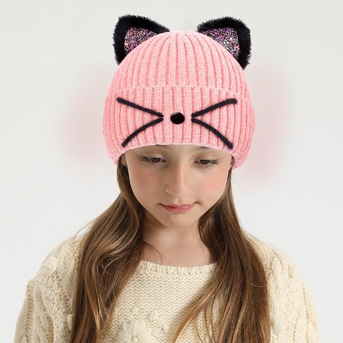 Kids Girls Cat Ear Hat Winter Warm Knit Beanie Cute Ski Skull Cap for Ages 7-12
