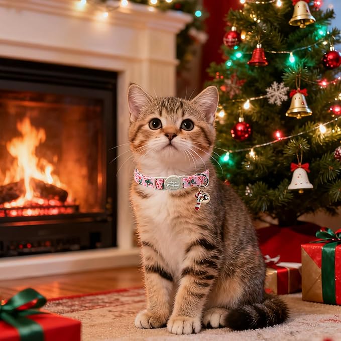 Christmas Cat Collar,Unique Style Paws Kitten Collars,Cute Pink Cats Collar with Bell,AdjustableKitten Collar Breakaway Buckle with Candy Cane,Reindeer Pattern,Ideal Gift for Boy Girl Cats