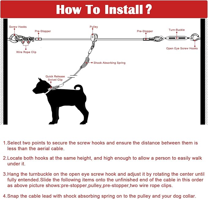100FT Dog Runner for Yard with 15FT Tie Out Cable - Heavy Duty Trolley System for Large Dogs Up to 250LBS, Backyard/Park/Camping Use (Red, 100FT+15FT)