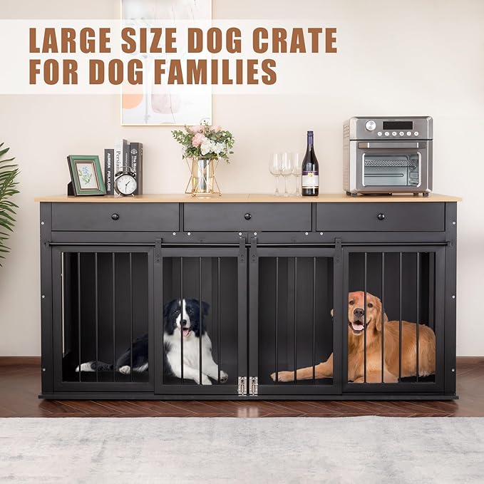 Sunseen Dog Crate Furniture Large Breed Wooden Dog Kennel with Room Divider & 3 Drawer,Black Double Doors Heavy Duty Dog Crate End Table Indoor TV Stand for Small Medium Large Dog,72''W*24''D*35''H