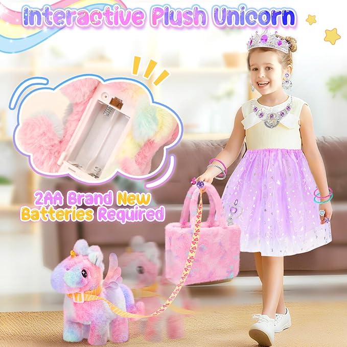 Tagitary Plush Unicorn Toys with Glowing Horns, Walking Pony Realistic Interactive Stuffed Unicorn with Kids Dress Up & Pretend Jewelry Toys,Christmas Birthday Gift Party Favors for Kids Toddlers
