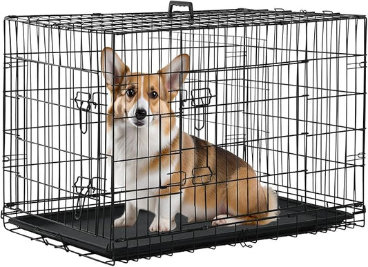 PayLessHere Medium Dog Crate Kennel 30 inches Metal Dog Cage Double-Door Folding Travel Indoor Outdoor Puppy Playpen with Divider and Handle Plastic Tray,Black