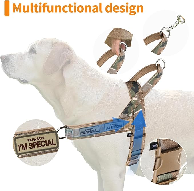 No Pull Dog Harness for Small Medium Large Sized Dogs, Escape Proof Adjustable Dog Harnesses with 2 Patch, Green Camo, S