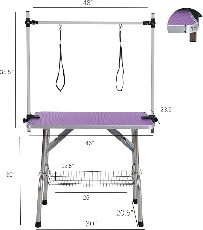 46" Dog Grooming Table Foldable Pet Grooming Tables with Adjustable Arm Noose Storage Mesh Tray Maximum Capacity Up to 330lbs Purple