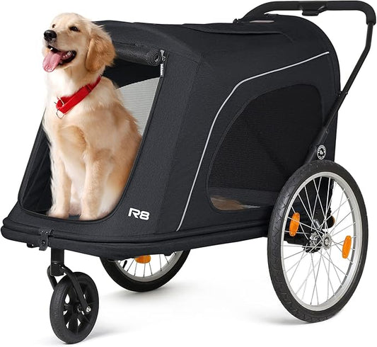 R8 Extra Large Foldable Pet Stroller, Dog Stroller & Pet Trailer for Large Dogs Under 100 lbs, Unmovable, Disabled & Pregnant Dogs - Conveniently Carriable by Bike and Car, Black