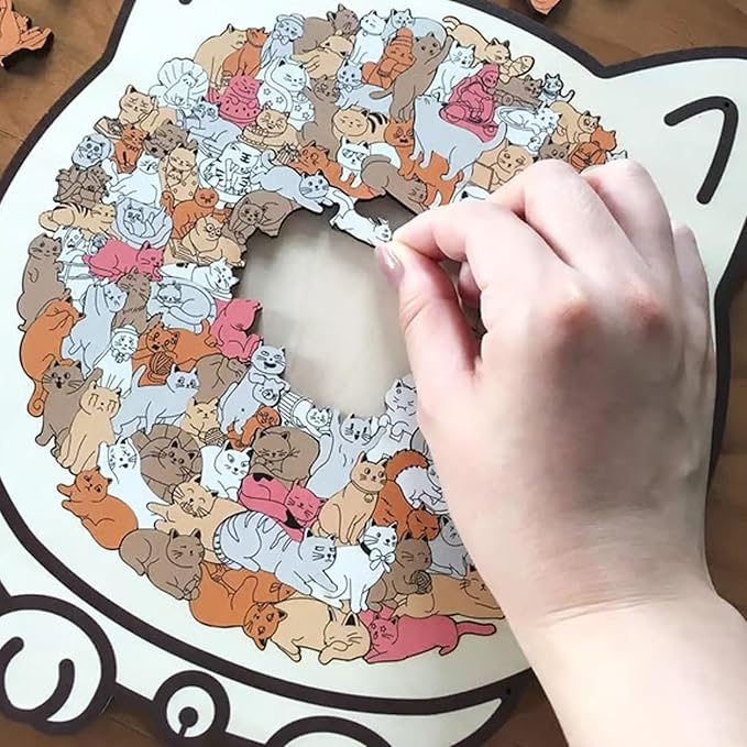 135-Piece Morandi-Colored Cat Shaped Wooden Jigsaw Puzzle, Cats Shaped Wooden Puzzle, Unique Animal Pieces, CreativePuzzle Gifts for Cats Lovers or Puzzle Fans, Home Decor (Macaron)