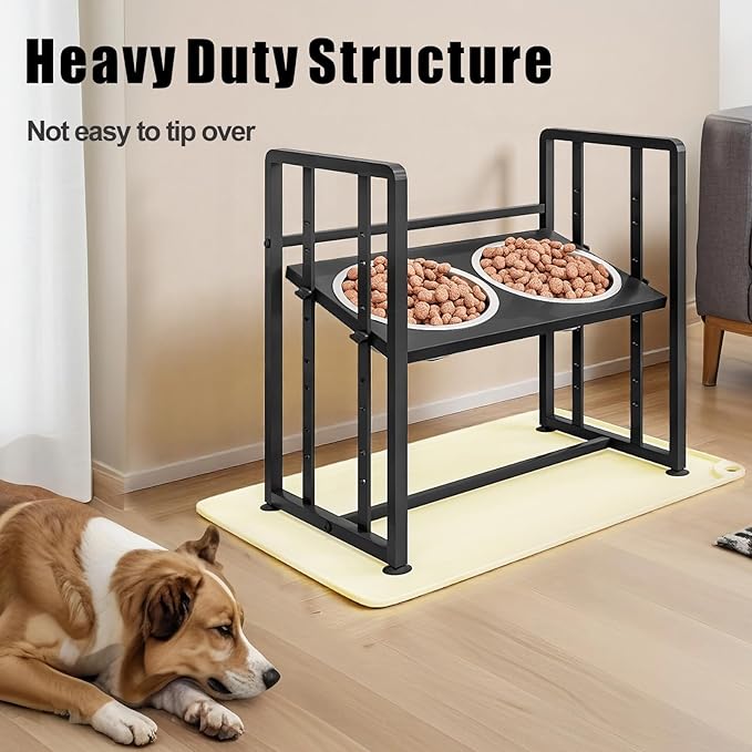 Elevated Dog Bowls 4 Height Adjustable Metal Pet Food Feeder Stand with 2 Stainless Steel Bowl Raised Dogs Feeding Station with Non-Slip Mats Black (Black, with Feeding Mat)