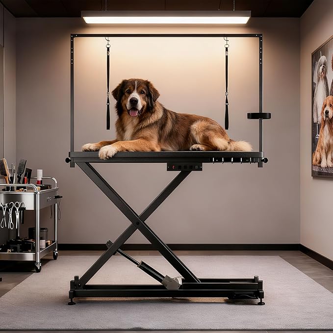 52in Electric Dog Grooming Table, Heavy Duty Adjustable Lift Grooming Table for Large Dogs, Capacity 660IB, with Tool Organizer, Foot Control, Anti Slip Tabletop (Black, 51.2 * 24.2INCH)