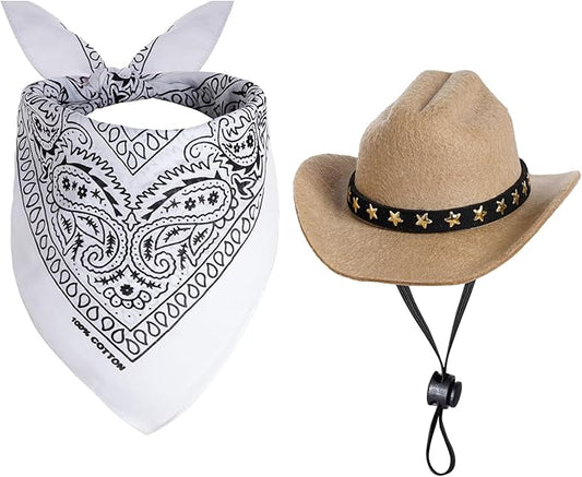 Pet Cowboy Costume Halloween Costumes for Small Pet Dogs Cat Cowboy Hat with Bandana Scarf Set Party Accessories﻿ (Khaki, Small)