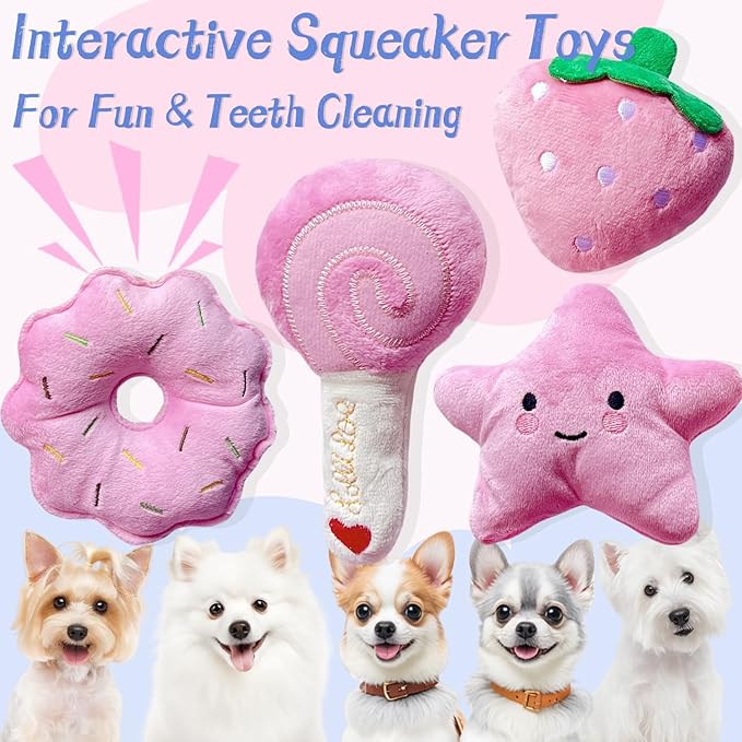 Small Dog Toys, Squeaky Dog Toy for Small Dogs- Pink Cute Puppy Toys, 4 Packs Pet Chew Toys for Fun, Interactive Dog Plush Toys for Puppies, Doggie Birthday Gifts