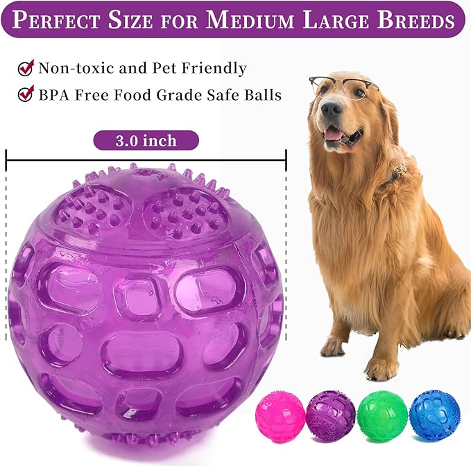 3'' Squeaky Dog Toy Balls for Lagre Medium Breed, Indestructible Dog Balls for Playing, Fetching & Retrieving, Durable Aggressive Chewers, 3 PCS Pink+Purple+Blue