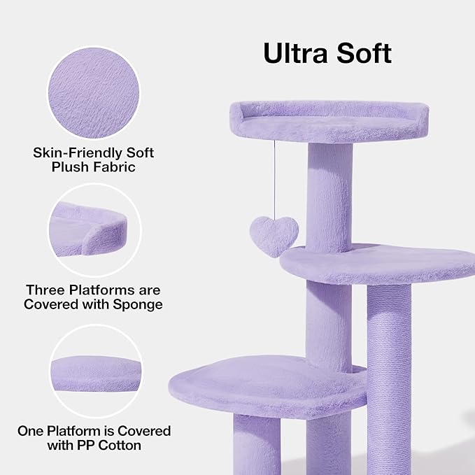 VETRESKA 40 inches Cat Tree for Indoor Cats, Multi Level Cat Tower with Cat Scratching Post, Cute Cat Climbing Tree with Dangling Toy for Cats, Purple