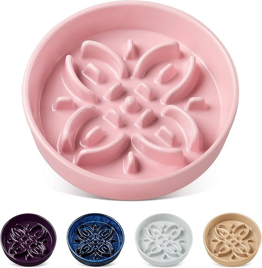 vancasso Ceramic Slow Feeder Dog Bowls, Puzzle Dog Food Bowls with Floral Maze, Anti -Slip Pet Food Dish for Small Breed, 0.6 Cups, Pink