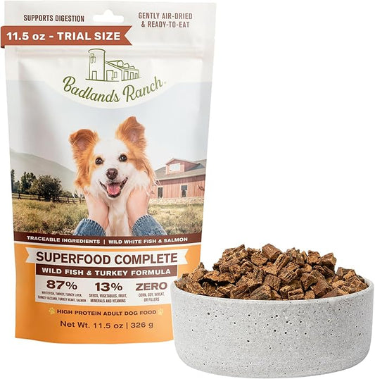 BADLANDS RANCH - Superfood Complete, Air-Dried Adult Dog Food - High Protein, Zero Fillers, Superfood Nutrition by Katherine Heigl (11.5 oz. Wild Fish and Turkey Formula)