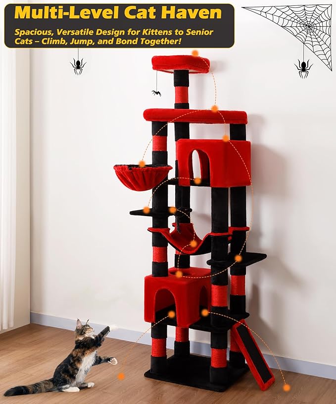 AMHANCIBLE Gothic Heavy Duty Cat Tree for Indoor Cats Large Adult 20 lbs+, 83 Inch Multi-Level Tall Cat Tower with Scratching Post and Board, Hammock, Condos, Hanging Basket, Black Red, PT21RD